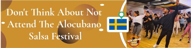 Estandarte mostaza y blanco con la imagen del taller Alocubano Salsa Festival