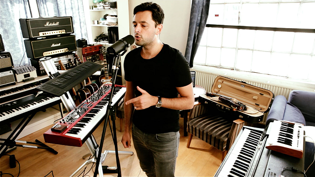Fadi Gaziri in his recording studio with pianos around