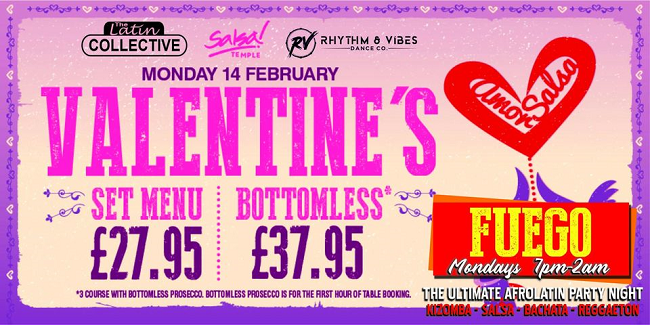 pink flyer with the event of San valentine in Salsa Temple Bar