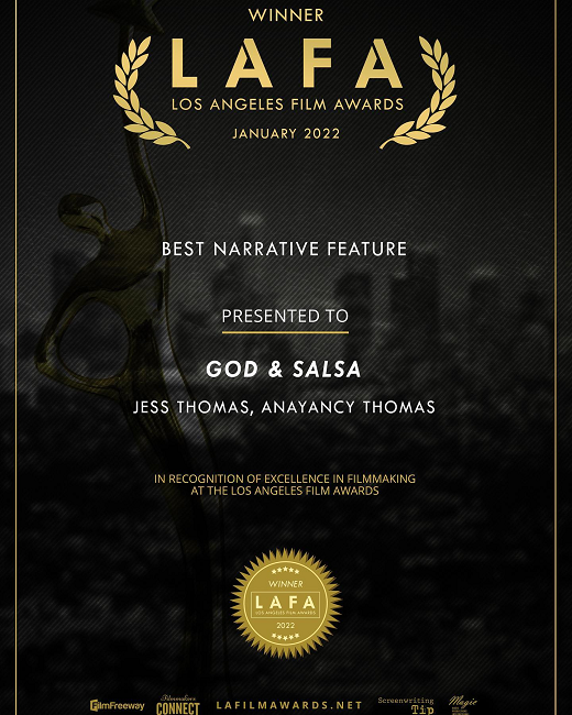 Image of the award for Best Narrative Feature Film for God and Salsa at the LAFA Awards